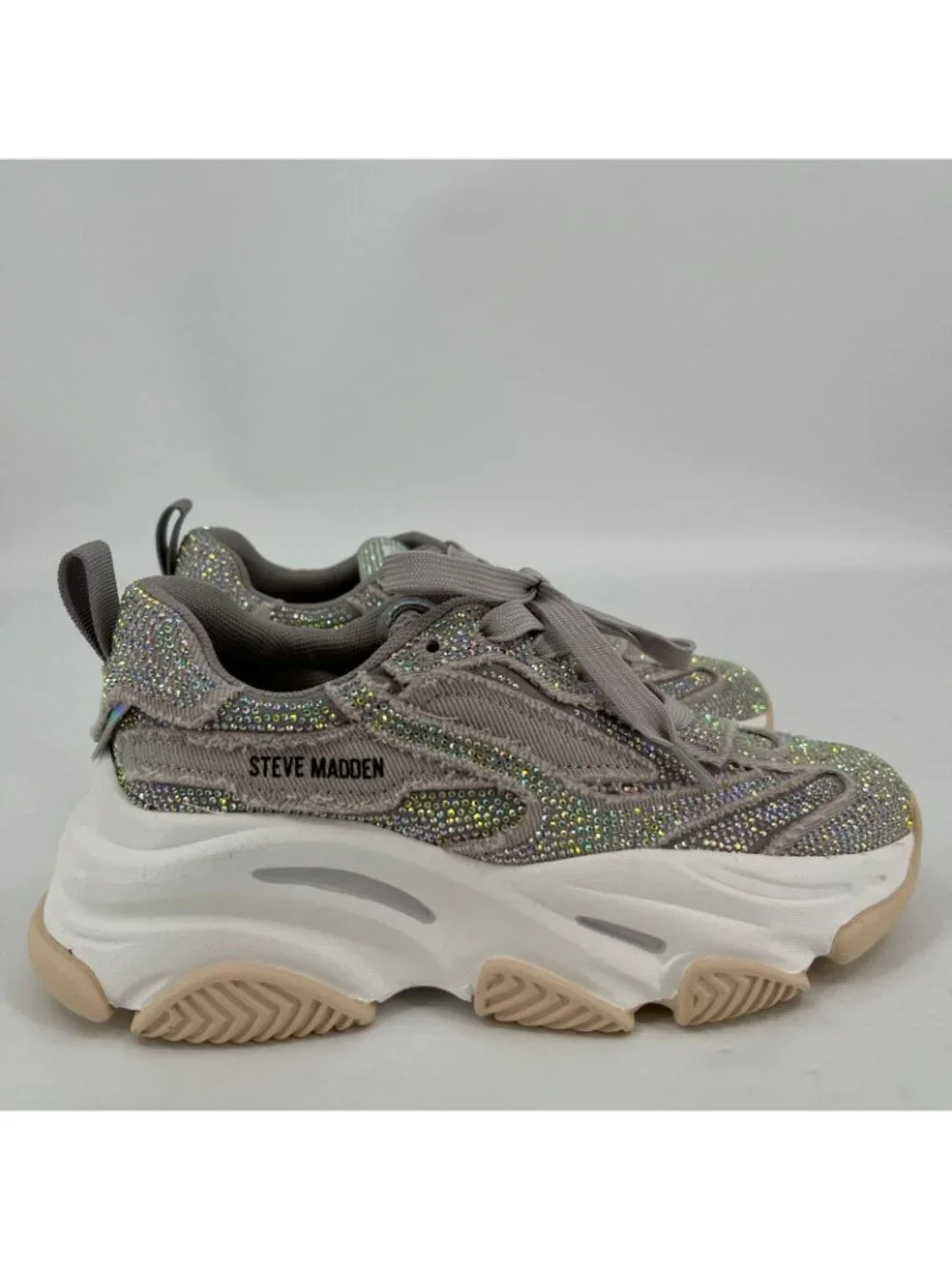 Steve Madden Permit Rhinestone Sneakers Size 5.5M Gray Platform Lace Up Chunky